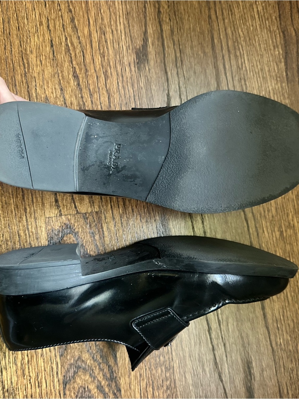 Prada Black Leather Penny Loafers with Triangle Logo - Picture 3 of 4